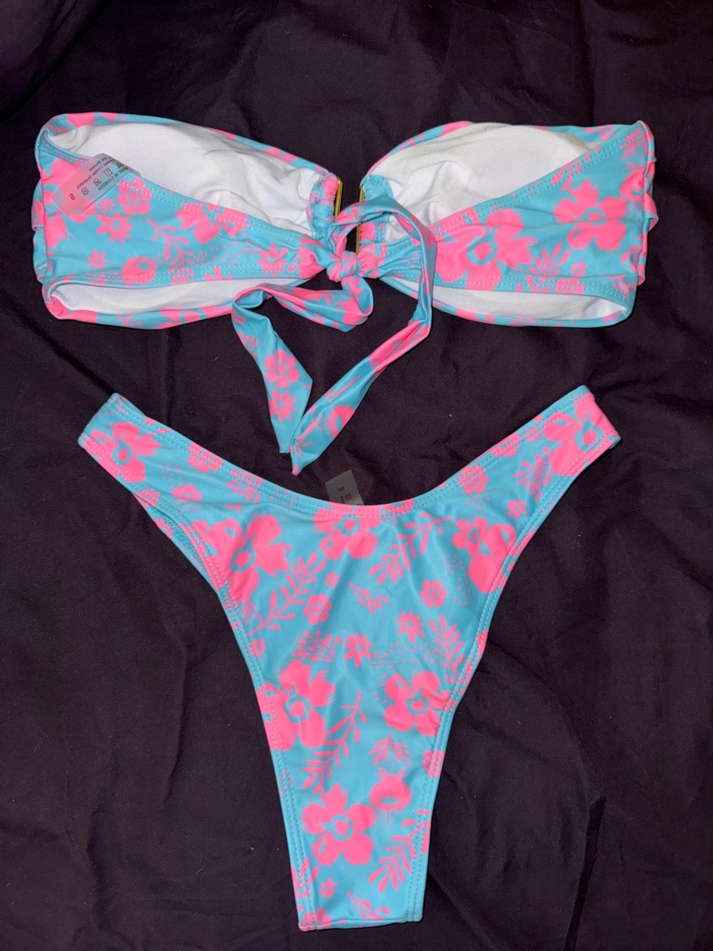 SHEIN Aqua Blue and Pink Floral Bandeau Bikini - Picture 3 of 6